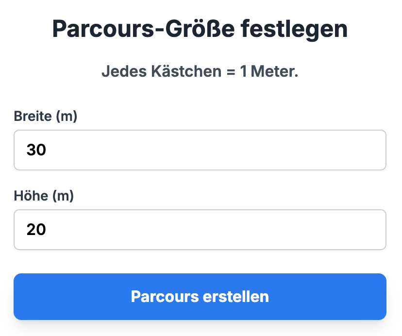 Screenshot der Größeneinstellung für einen neuen Parcours