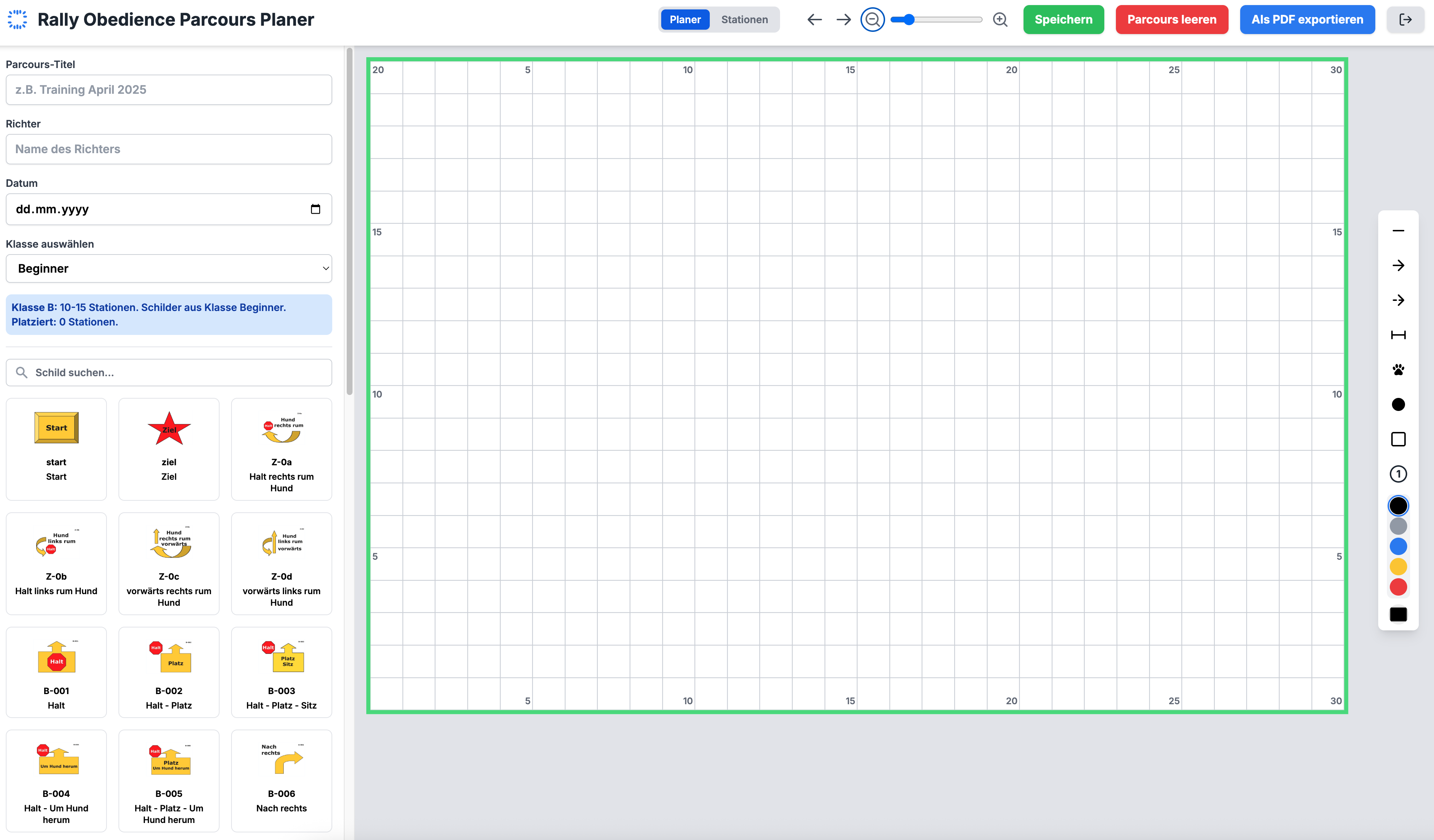 Ansicht des Parcours-Planers mit Schilder-Bibliothek und Zeichenfläche